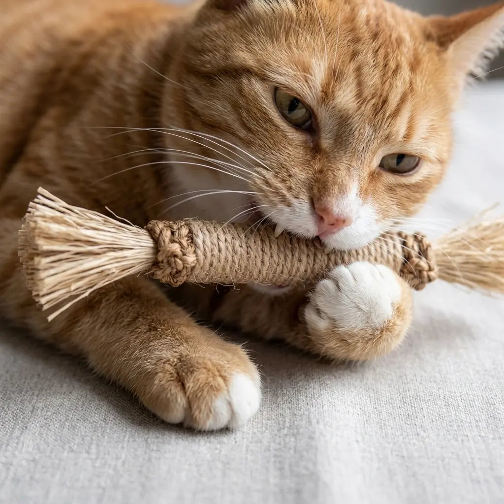 Chat mâchouillant le bâton Meowlia
